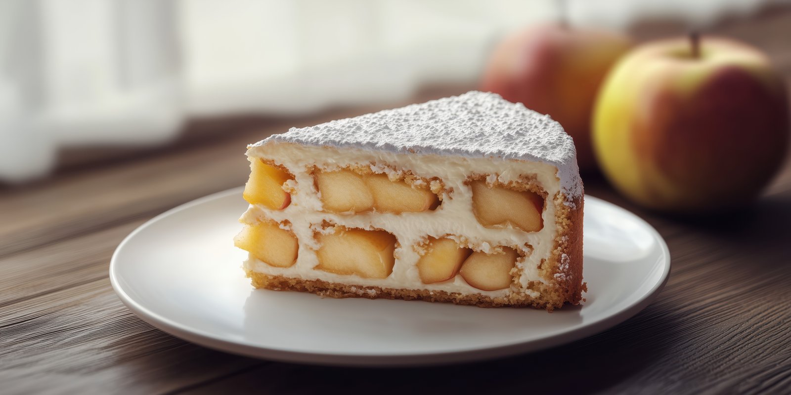 Delicious apple cake served on a white plate with fresh apples in the background during afternoon light